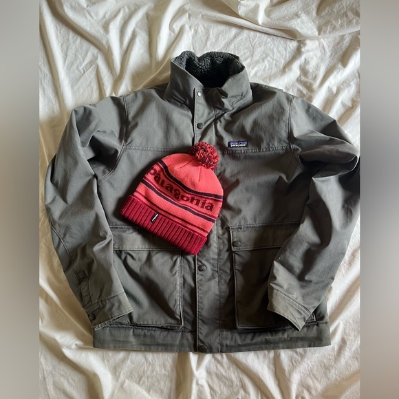 Patagonia Mens Maple Grove Sherpa Lined Canvas Workwear Coat Jacket + Hat SZ L - Picture 1 of 16